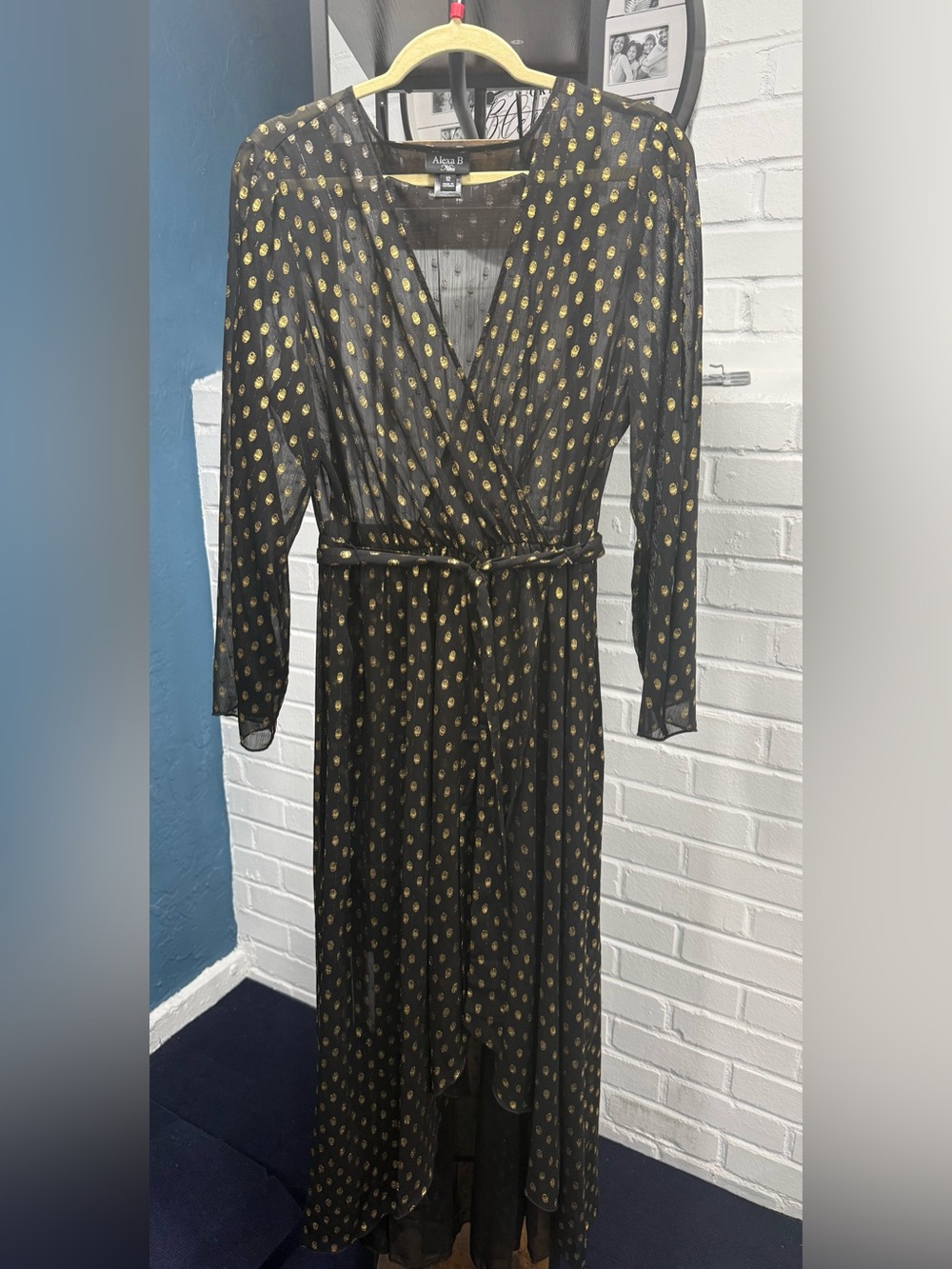 Anita Black Long Sleeve Wrap Dress with Gold Dot Print